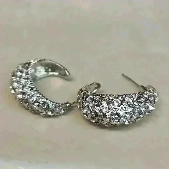 Slivertone rehnistones half moon earrings - Picture 2 of 11